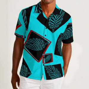 Palm Leaf Cyan Blue Hawaiian Style Men&#39;s Button Up Abstract All Over Print Fun Party Button Down Shirt for Summer Party Or Rave