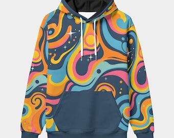 May include: A hooded sweatshirt with a vibrant, psychedelic design. The hoodie features a navy blue base with a colorful pattern of swirling shapes in shades of orange, yellow, pink, and blue. It has a front pocket and a black hood lining.
