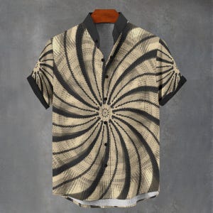 Camicia da festa con stampa floreale e spirale psichedelica, stampa di Mandela su tutta la superficie, regalo per lui o per lei, camicia da uomo con bottoni, camicia da festa Ibiza.