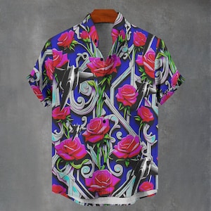 ボタンダウン メンズ シャツ - Party Favours Shirt Co - 抽象的なローズサイケデリックグルーヴィーな花柄シャツ - 夏のパーティーに最適なギフトアイデア
