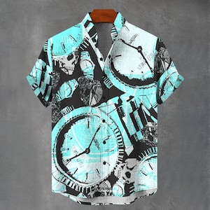 May include: Short-sleeved shirt featuring a repeating pattern of clocks and watch faces in teal, black, and white. The shirt is hanging on a wooden hanger against a grey background. The design includes a skull.