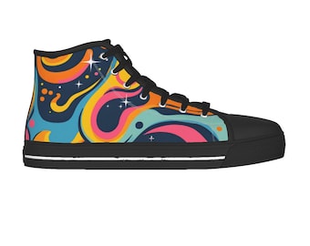 Disco Swirl - High Top Canvas Shoes W/ Laces - Abstract Wavy Lines Summer Style Footwear