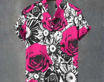 Camisa hawaiana abstracta de rosas y margaritas, camisa abotonada con estampado floral artístico abstracto