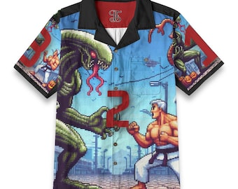 Floral Pixelated Alien Vs Human Hawaiian Shirt, Retro Arcade Style