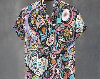 Camicia da uomo con bottoni e motivo psichedelico, stile festa retrò