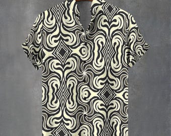 Camicia hawaiana con motivo a spirale mandala e tassellatura, camicia con bottoni a stampa geometrica astratta moderna.