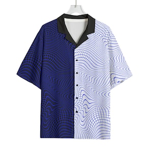 May include: Short-sleeved button-down shirt with a split design. One side is navy blue with a black grid pattern, the other is white with a blue wavy grid. The shirt has a black collar and is hanging on a white hanger.