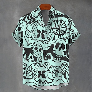 Camisa de fiesta con calavera psicodélica: Estampado geométrico psicodélico abotonado