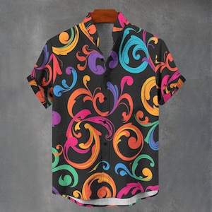 ボタンダウン メンズ シャツ - Party Favours Shirt Co - 抽象的なスクロール サイケデリック グルーヴィーな花柄シャツ - 夏のパーティーのギフトアイデア