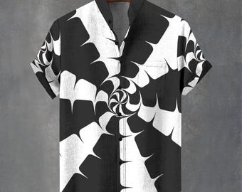 Black & White Spiral Geometric Button-Down Shirt – Party Vacation Shirt