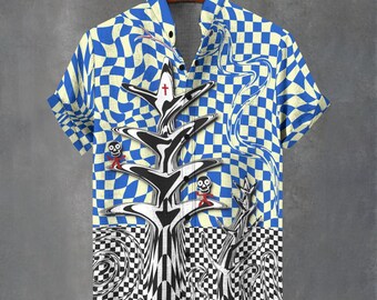 Men's Warped Checker Button Down Shirt – Party Festival Vacation