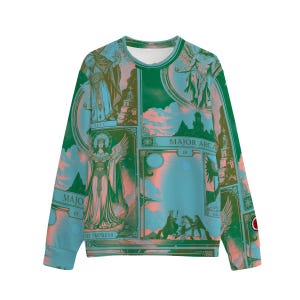 Sudadera de cuello redondo para hombre con ambiente festivo - Party Favours Shirt Co. - Suéter gráfico de Tarot Arcanos Mayores con estilo patchwork V2 Light