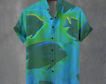 Chemise Hawaïenne Vintage Homme - Motif Poisson Volant Koï Et Vagues Japonaises - Taille M Bleu - Années 40
