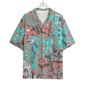 Camisa de rayón con estampado de leopardo de colores mezclados desteñidos – Camisa de campamento con estampado animal abstracto y botones