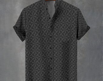 Geometric Grid Button-Down Shirt – Black Star Pattern, Summer Party