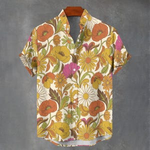 70s Retro Floral Button Down Shirt – Abstract Disco Flower Print