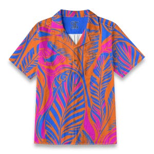 Abstract Psychedelic Orange/ Blue Floral Hawaiian Palm Tree Pattern Button Down Split Shirt For Summer Gift or Rave