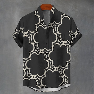Hawaiian Abstract Geometric Floral Print Party Shirt All Over Flower Print Gift For Him or Her Button Up Mans Button Down Fancy Shirt