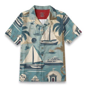 Hawaiian Button Down Shirt With Palm Trees and Yachts Party Skull Print Shirt