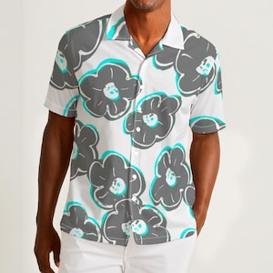 Palm Leaf Cyan Blue Hawaiian Style Men&#39;s Button Up Abstract All Over Print Fun Party Button Down Shirt for Summer Party Or Rave