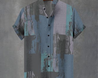 Unique Big Checker Geometric Print Hawaiian Shirt, Abstract Festival Button Down