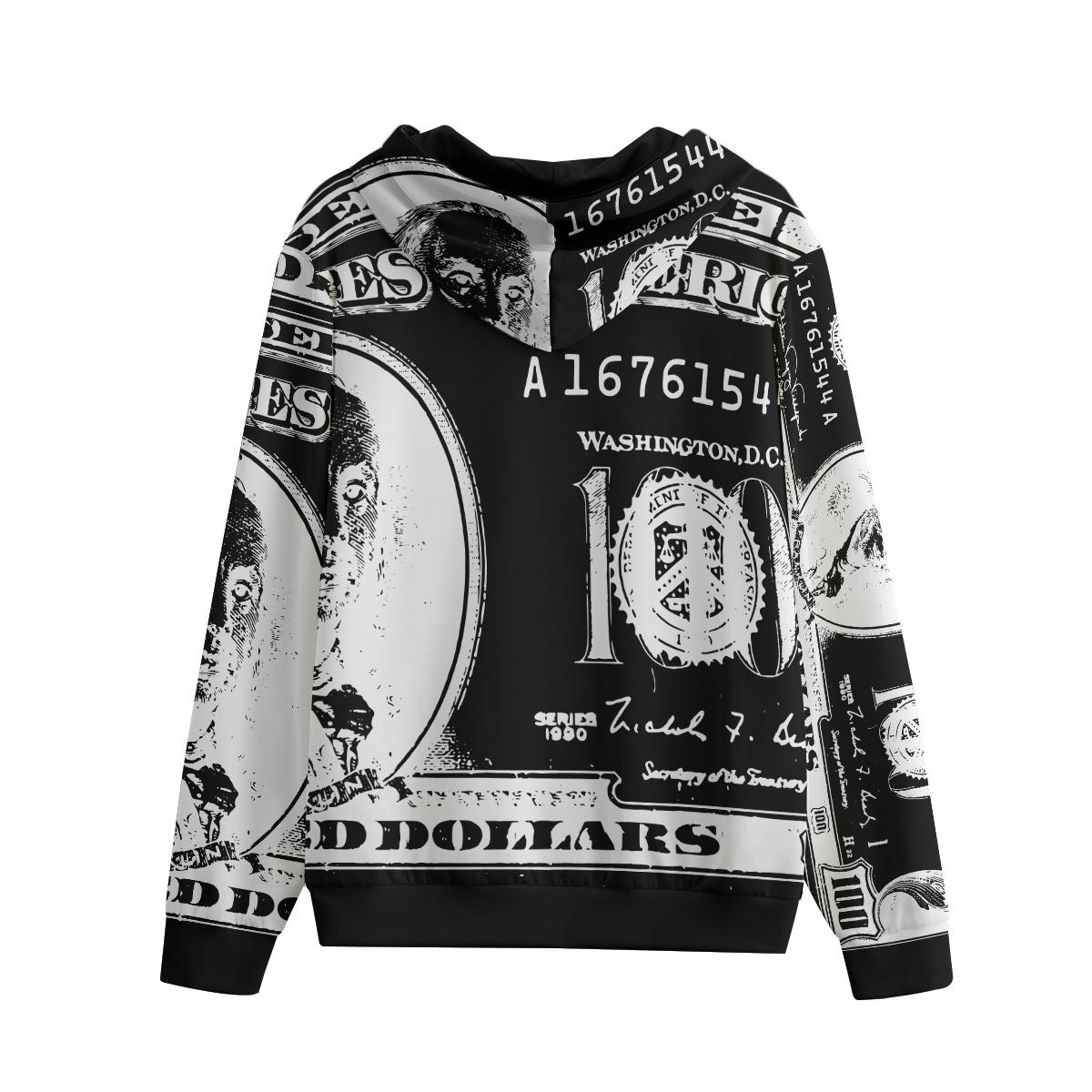 Abstract 100 Dollar Bill Print Zip-up Hoodie: Cotton French Terry