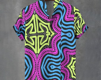 Abstract Psychedelic Button Down Shirt For Rave or Party