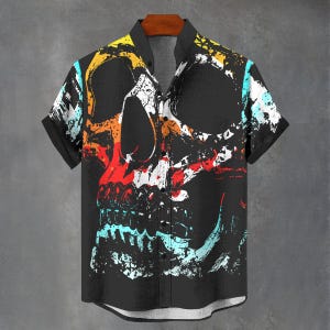 X0X0 Skull With Mexican Blanket Colors Button Down Shirt for Men - Party Favours Shirt Co - Summer Gift Idea for Him Party Shirt