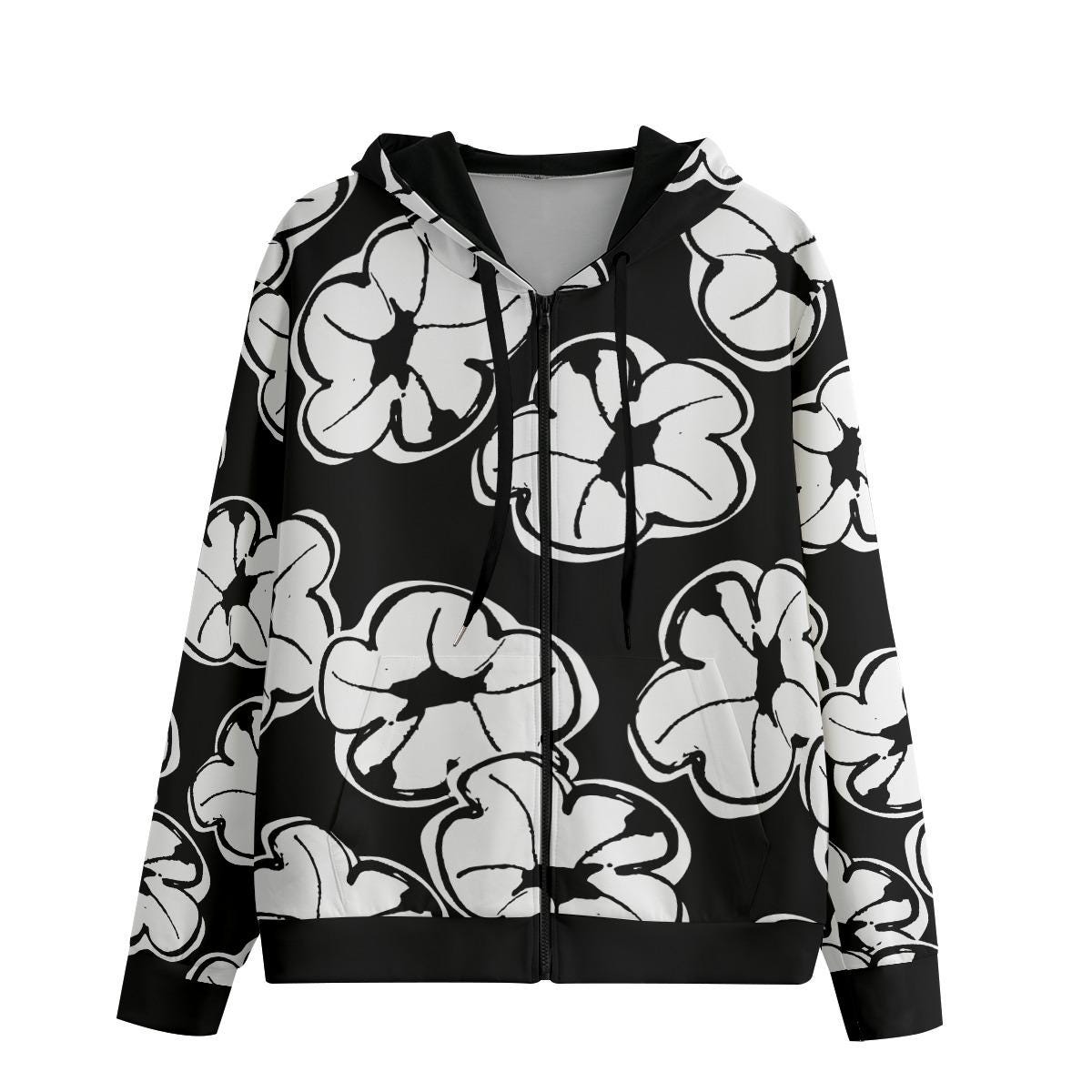 Floral Print Cotton Zip-Up Hoodie, Abstract Flower Art