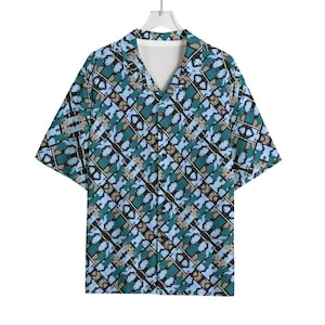 Abstract Shapes Random Checker Camp Shirt – Color Block Modern Micro Patterned Print Rayon Button Down