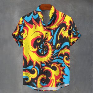 ボタンダウン メンズ シャツ - Party Favours Shirt Co - 抽象的なスクロール サイケデリック グルーヴィーな花柄シャツ - 夏のパーティーのギフトアイデア