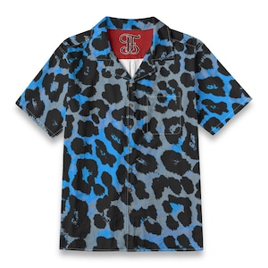 Leopard Print Button Down Shirt Party Gift For Him Or Her Tropical All Over Print Blue Leopard Cotton Button Up Shirt For Summer.