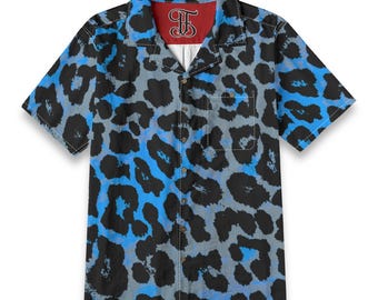 Camisa de algodón con botones y estampado de leopardo azul