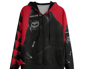 May include: A black zip-up hoodie with a red hood and shoulders. The front features a large graphic of a gorilla, with a pattern of gorillas on the left sleeve. The hoodie has a black zipper and a black bottom hem.