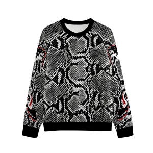 May include: A long-sleeved crewneck sweatshirt featuring a monochromatic grey and black snakeskin pattern throughout. The sleeves display a stylised red and black snake graphic that wraps around the arms, finished with solid black ribbed cuffs and hem.
