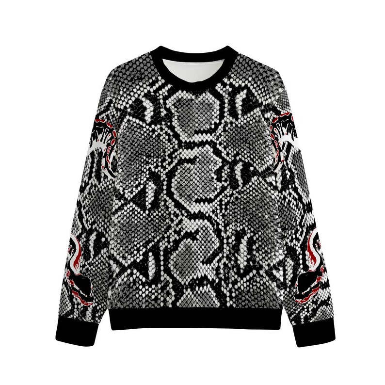 May include: A long-sleeved crewneck sweatshirt featuring a monochromatic grey and black snakeskin pattern throughout. The sleeves display a stylised red and black snake graphic that wraps around the arms, finished with solid black ribbed cuffs and hem.