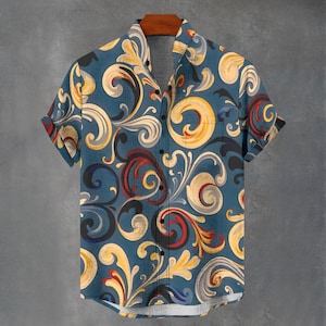 ボタンダウン メンズ シャツ - Party Favours Shirt Co - 抽象的なスクロール サイケデリック グルーヴィーな花柄シャツ - バロックプリントシャツ