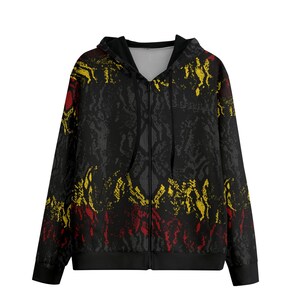 May include: A black zip-up hoodie with a snake skin pattern in yellow and red. The hoodie features a hood, a full-length zip, and black cuffs and hem. The pattern is a repeating design across the entire jacket.