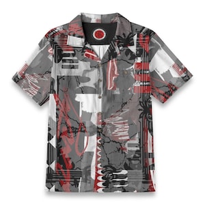 Può includere: Camicia a maniche corte con un design astratto unico. La camicia presenta un mix di motivi grigi, bianchi e rossi, tra cui forme geometriche e pennellate artistiche. Ha un colletto classico e una tasca sul petto. La camicia è un capo d'abbigliamento elegante.