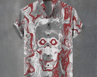 Camicia hawaiana Iowaska Dream Skull con motivo psichedelico effetto invecchiato e stampa astratta grunge gotica con bottoni.