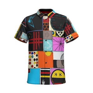 May include: A short-sleeved button-down shirt with a colourful patchwork design. The shirt features a variety of geometric shapes, patterns, and colours, including black, white, red, blue, yellow, green, and orange.
