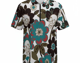 Polo de golf con estampado hawaiano de calavera y flor