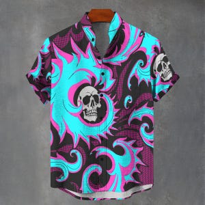 ボタンダウン メンズ シャツ - Party Favours Shirt Co - 抽象的なスクロール サイケデリック スカル グルーヴィーな花柄シャツ - 夏のギフトアイデア