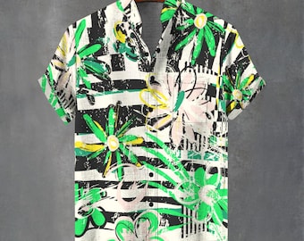 Camisa hawaiana con estampado floral de flores silvestres, camisa hawaiana abstracta con botones.