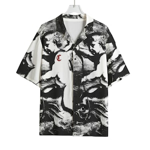 Cupid "Amor" With Arrow Riding Dolphin Graphic - Camp Shirt – Abstract Renaissance Painting Print Rayon Button Down