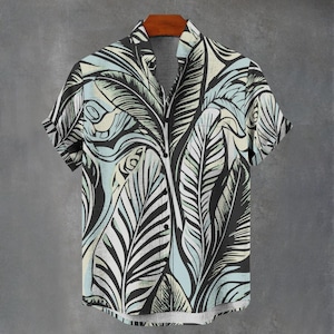 Big Blue Light Floral Button Down Shirt for Men - Party Favours Shirt Co - Palm Leaf Hawaiian Summer Gift Idea for Him or Her Party Shirt