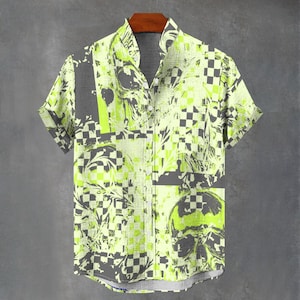 Skull & Checker Collage Print Button-Down Shirt - Abstract Grunge Summer button Up.