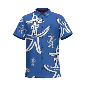 Western Starfish Blue Flower Button Up Party Shirt - Party Favours Shirt Co. - Western Hawaiin Print Button Down Shirt Men&#39;s