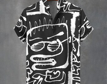 Abstract Face Cotton Button-Down Shirt - Festival Party Wear