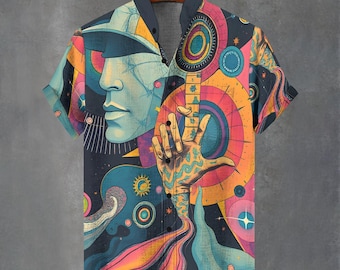 Button Up Shirt Men's Party Vibe Hawaiian Style Retro Graphic Shirt For Men